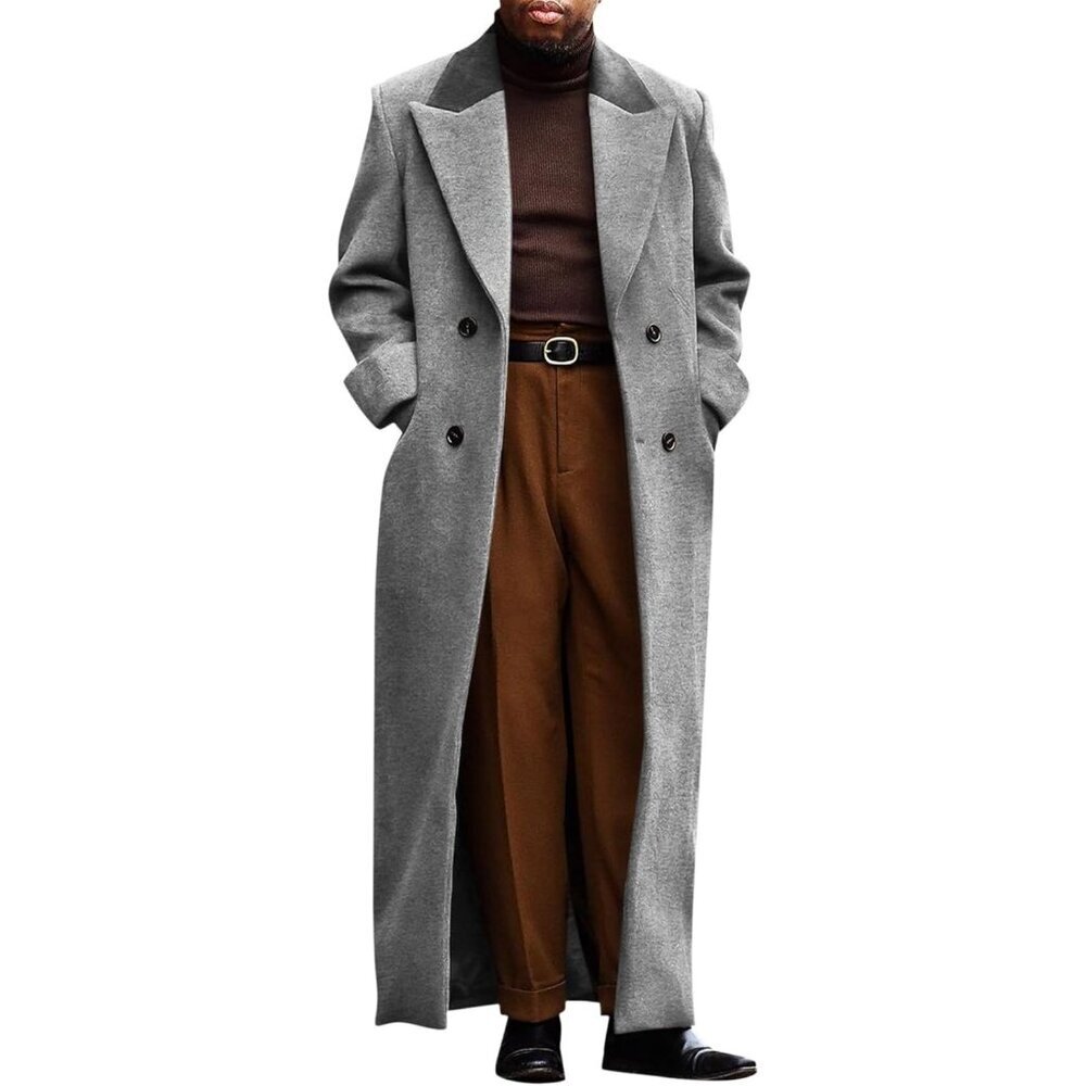 Men's Grey Full Length Trench Coat Notched Lapel Long Jacket Double Breasted